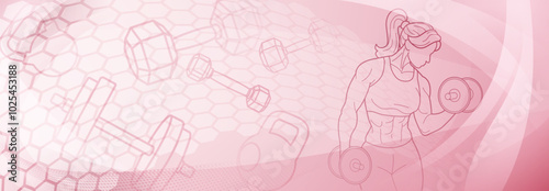 Pink fitness themed background. Stylized illustration of a female figure with muscular arms, holding what appears to be a dumbbell or weight, set against a background that includes abstract shapes.