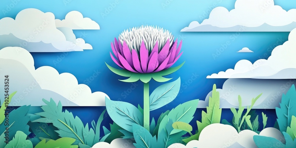 Thistle blooms contrasting with a backdrop of blue sky and fluffy white clouds, Thistle blooms against a blue sky and fluffy clouds Thistle blooms contrasting with a backdrop of blue sky and fluffy white clouds, Thistle blooms against a blue sky and fluffy clouds