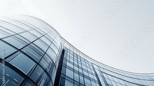 Low angle view of a modern glass skyscraper with blue sky.