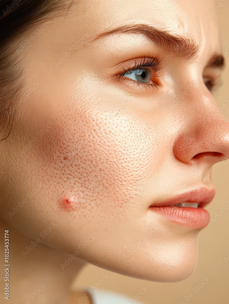 Fototapeta premium Close-up portrait of a young woman with visible acne and natural skin texture