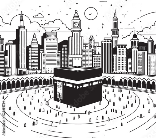 Isra Miraj Illustration line art with prayer mat, Kaaba in Mecca, giving sadaqah, Open Quran, Dates in a bowl