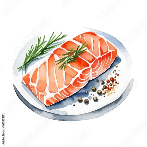 Watercolor illustration of chopped salmon steak with spices on a plate isolated on white background. Vector illustration drawing by hand for background, banner, menu, web and over