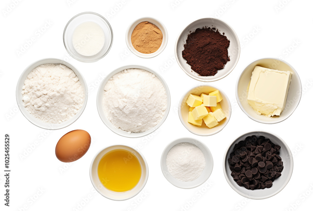 Fototapeta premium Baking Ingredients For Chocolate Cookies Arranged In Bowls On A Transparent Background
