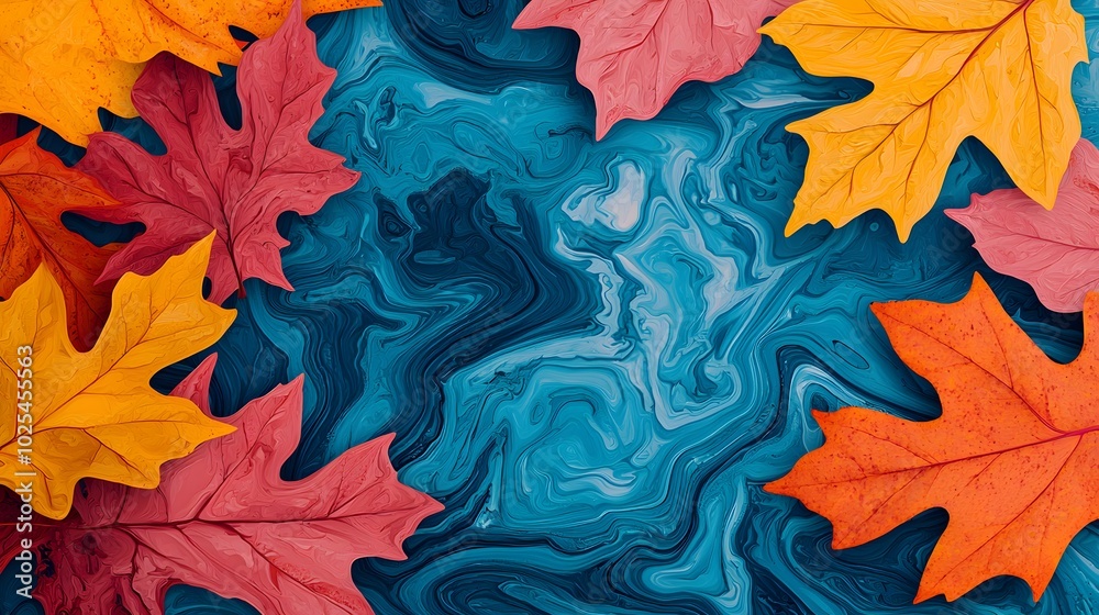 Bright autumn leaves in red, orange, and yellow overlap a swirling blue background, creating a vivid atmosphere. The scene feels energetic and seasonal. Autumnal Lifestyle Concept Bright autumn leaves in red, orange, and yellow overlap a swirling blue background, creating a vivid atmosphere. The scene feels energetic and seasonal. Autumnal Lifestyle Concept