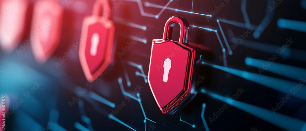 Digital security locks represent cybersecurity measures in modern context. These vibrant red locks symbolize protection against cyber threats and data breaches, emphasizing importance of safeguarding