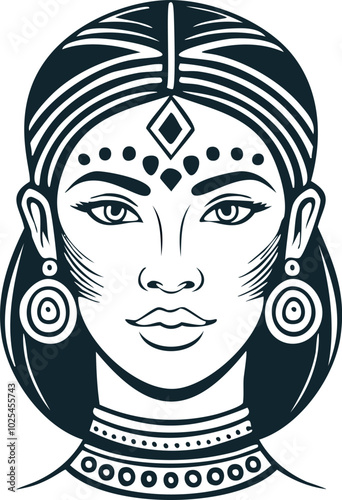 This vector illustration showcases a woman's face with a modern, abstract design. It's ideal for various projects in fashion, beauty, and graphic design.