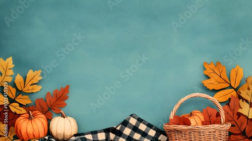 A warm autumn picnic scene featuring pumpkins, vibrant leaves, a plaid blanket, and a wicker basket. The background is a solid soft turquoise, enhancing the cozy atmosphere. Autumnal Lifestyle Concept