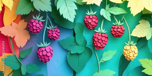 Raspberry plants with stems on a trellis, thriving in a garden setting, showcasing the vibrant growth of delicious berries, Raspberry plants thriving on a trellis in a vibrant garden setting photo