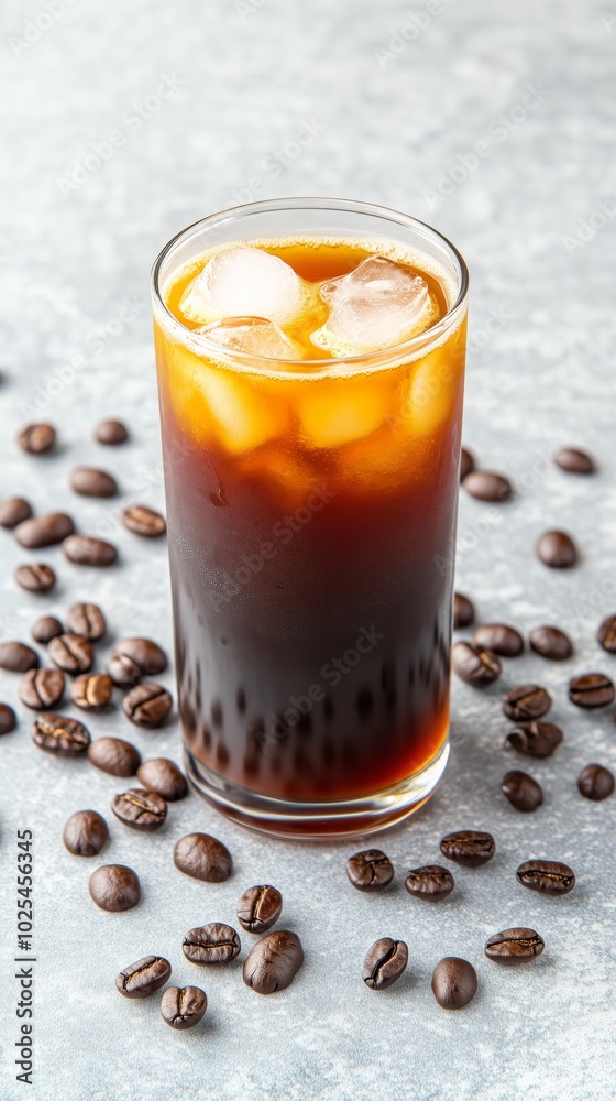 Tall glass of iced coffee filled with ice cubes surrounded by scattered coffee beans on a textured surface. Bold flavor concept Tall glass of iced coffee filled with ice cubes surrounded by scattered coffee beans on a textured surface. Bold flavor concept