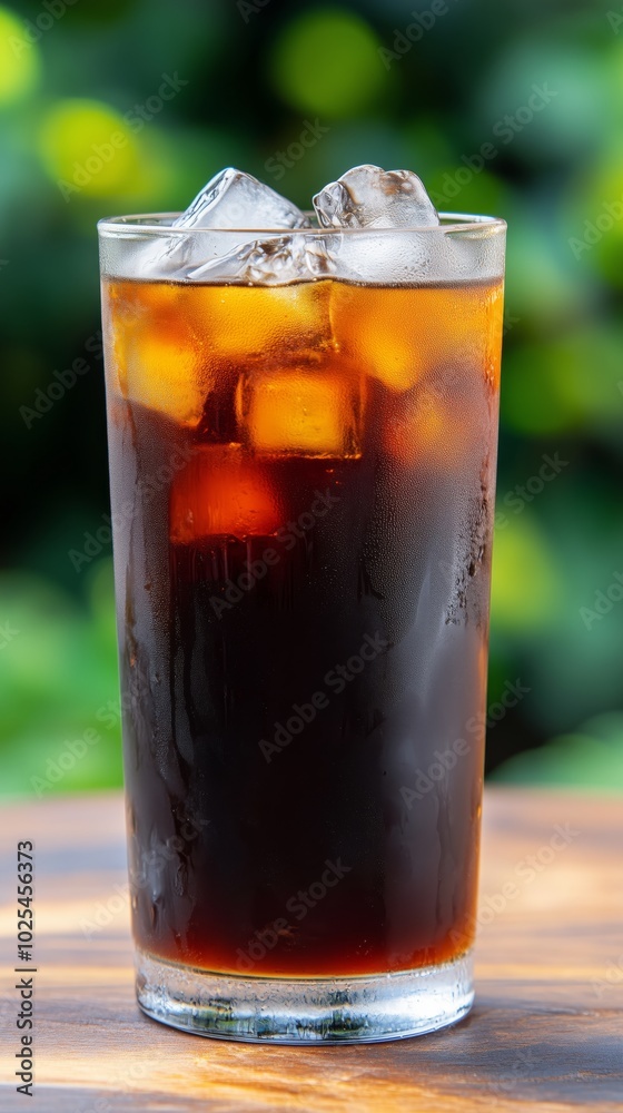 Tall glass of iced coffee featuring clear ice cubes against a vibrant green outdoor backdrop. Refreshing drink concept Tall glass of iced coffee featuring clear ice cubes against a vibrant green outdoor backdrop. Refreshing drink concept
