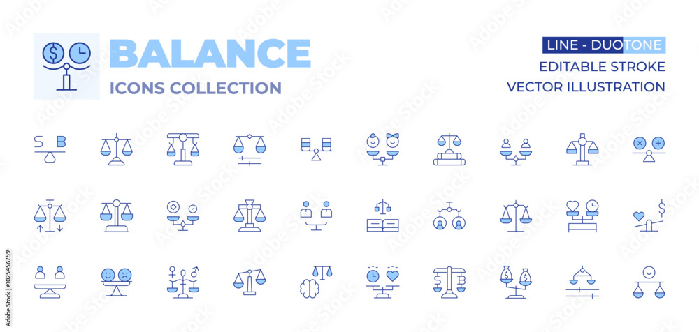 Balance icons collection. Line Duotone style, editable stroke. balance in exercise routines, cardio workouts, strength training, flexibility exercises, recovery time Balance icons collection. Line Duotone style, editable stroke. balance in exercise routines, cardio workouts, strength training, flexibility exercises, recovery time