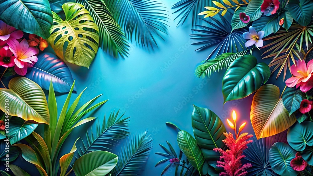 Minimalist tropical background with exotic fresh summer leaves, plants, colorful neon flowers on pastel blue wallpaper Minimalist tropical background with exotic fresh summer leaves, plants, colorful neon flowers on pastel blue wallpaper