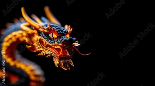 Vibrant dragon sculpture, detailed design on black background. photo