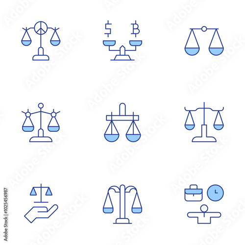 Balance icons set. Line Duotone style, editable stroke. financial balance checks, budget adjustments, expenditure tracking, financial forecasting, savings plans
