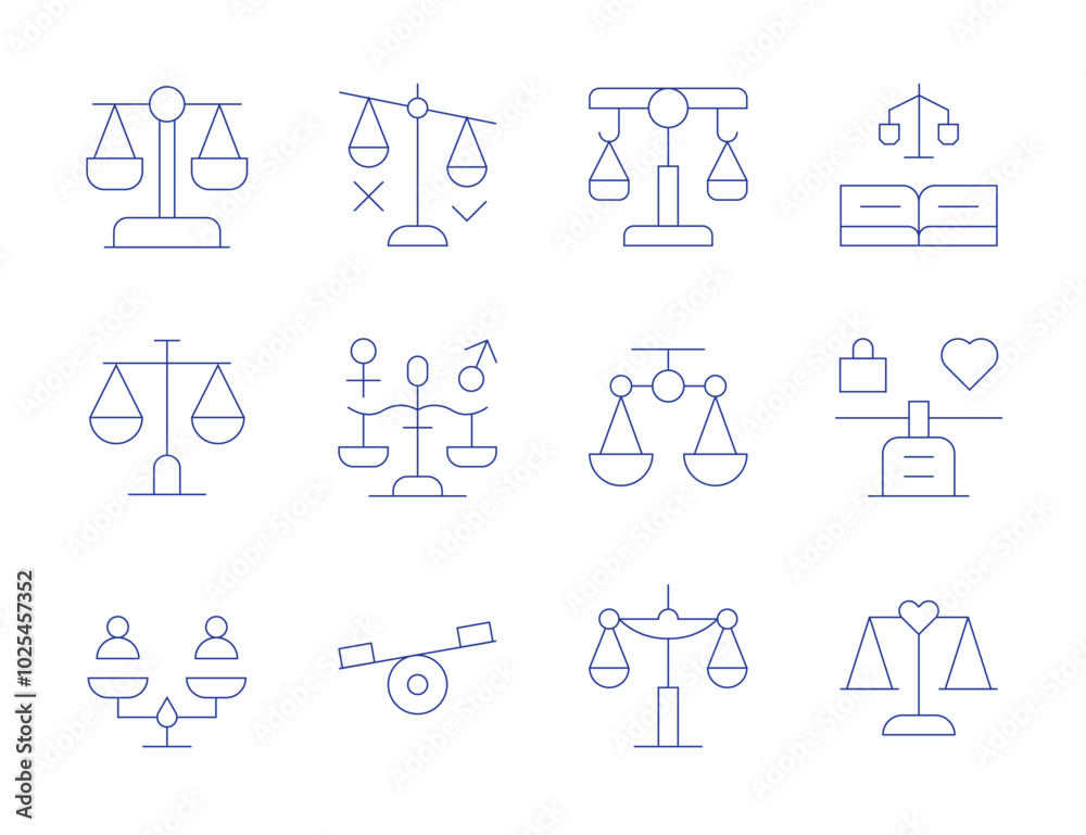 Balance icons. Thin Line style, editable stroke. balancing environmental impacts, sustainable living, eco-friendly practices, resource management, conservation efforts Balance icons. Thin Line style, editable stroke. balancing environmental impacts, sustainable living, eco-friendly practices, resource management, conservation efforts