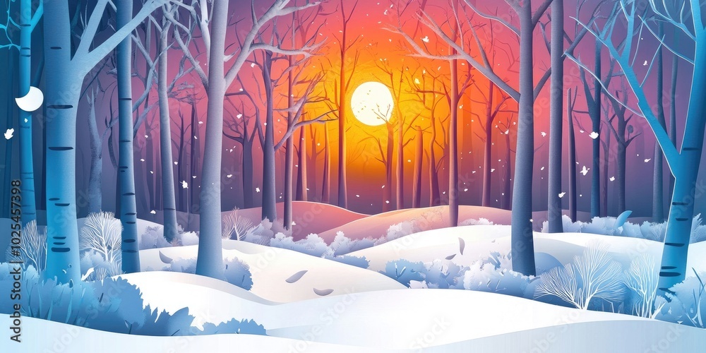 Obraz premium Stunning winter scenery showcasing a forest illuminated by sunlight, Beautiful winter landscape featuring a sunlit forest