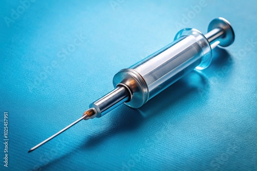 Metal syringe with anesthetic carpules on blue background macro photo