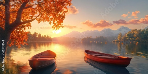 Scenic sunset over a tranquil lake dotted with fishing boats, showcasing the serene beauty of a picturesque lake landscape, Scenic sunset over a tranquil lake with fishing boats