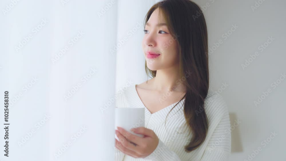 Young asian woman standing beside window and holding mug in bedroom at home, She drinking milk after wake up in the morning Young asian woman standing beside window and holding mug in bedroom at home, She drinking milk after wake up in the morning