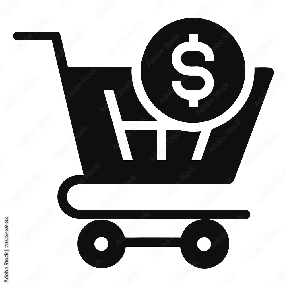a-shopping-cart-with-a-coin-or-dollar-sign-inside silhouette vector art illustration 