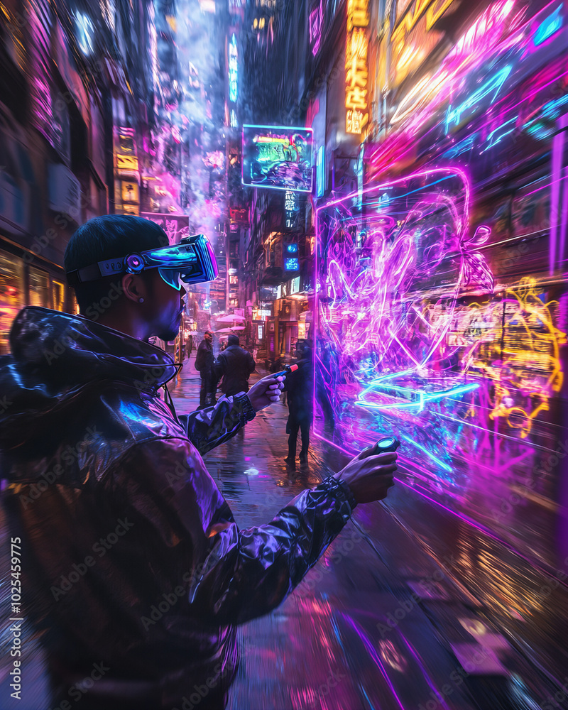A person experiencing augmented reality in a vibrant city filled with neon lights and digital art on a rainy night A person experiencing augmented reality in a vibrant city filled with neon lights and digital art on a rainy night
