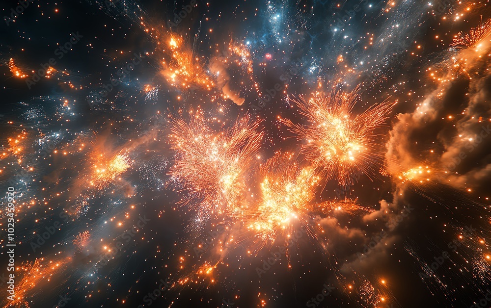 A breathtaking display of fireworks in the night sky, bright bursts of color creating a cheerful, festive atmosphere A breathtaking display of fireworks in the night sky, bright bursts of color creating a cheerful, festive atmosphere