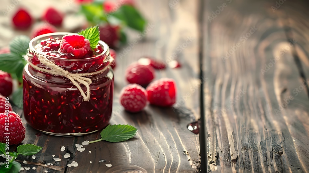 Raspberry jam in glass jar with fresh berries on wooden background Raspberry jam in glass jar with fresh berries on wooden background
