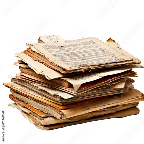 Stack Of Old Tattered Sheet Music With Worn Pages And Torn Edges