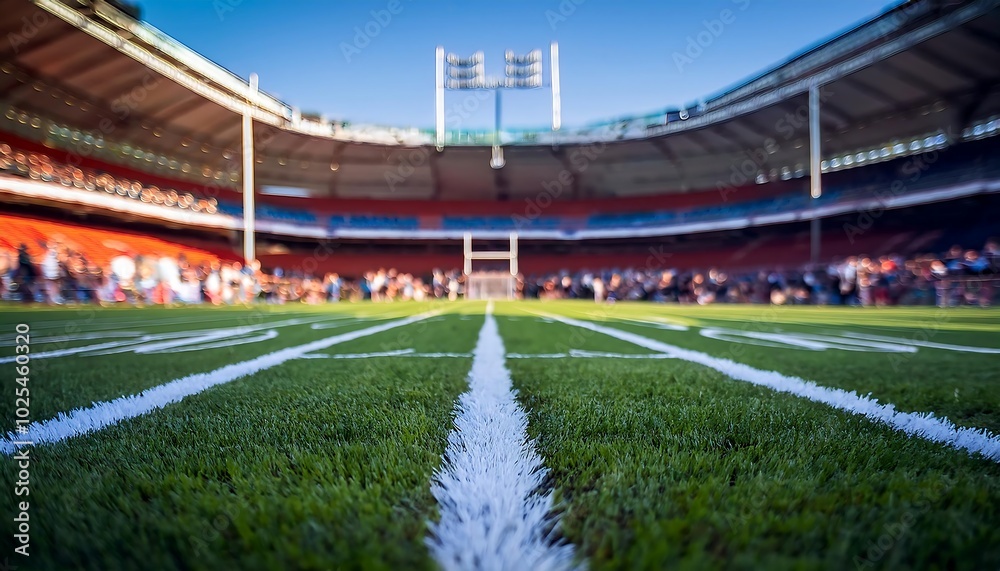 Fototapeta premium Close-up view of the end zone in an American football stadium showcasing vibrant team colors during a game. Generative AI