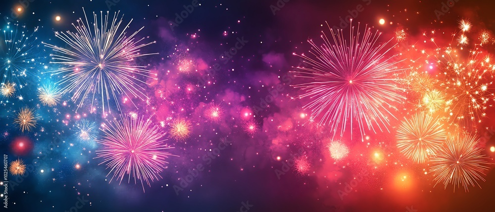 A breathtaking display of fireworks in the night sky, bright bursts of color creating a cheerful, festive atmosphere A breathtaking display of fireworks in the night sky, bright bursts of color creating a cheerful, festive atmosphere