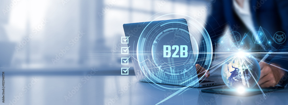 B2B: Partnerships, collaboration, networking, customer relationships, sales. Businessman selects checkbox and uses laptop analyzing data graph growth on global network. B2B: Partnerships, collaboration, networking, customer relationships, sales. Businessman selects checkbox and uses laptop analyzing data graph growth on global network.