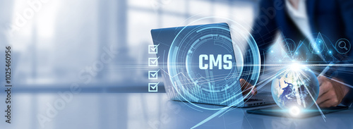 CMS (Content Management Systems): Flexibility, collaboration, efficiency, organization, scalability. Businessman select of checkbox and using laptop analyzing data graph growth on global network.