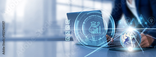 Investment: Returns, portfolio, risk, diversification, trends. Businessman select of checkbox and using laptop analyzing data graph growth on global network.