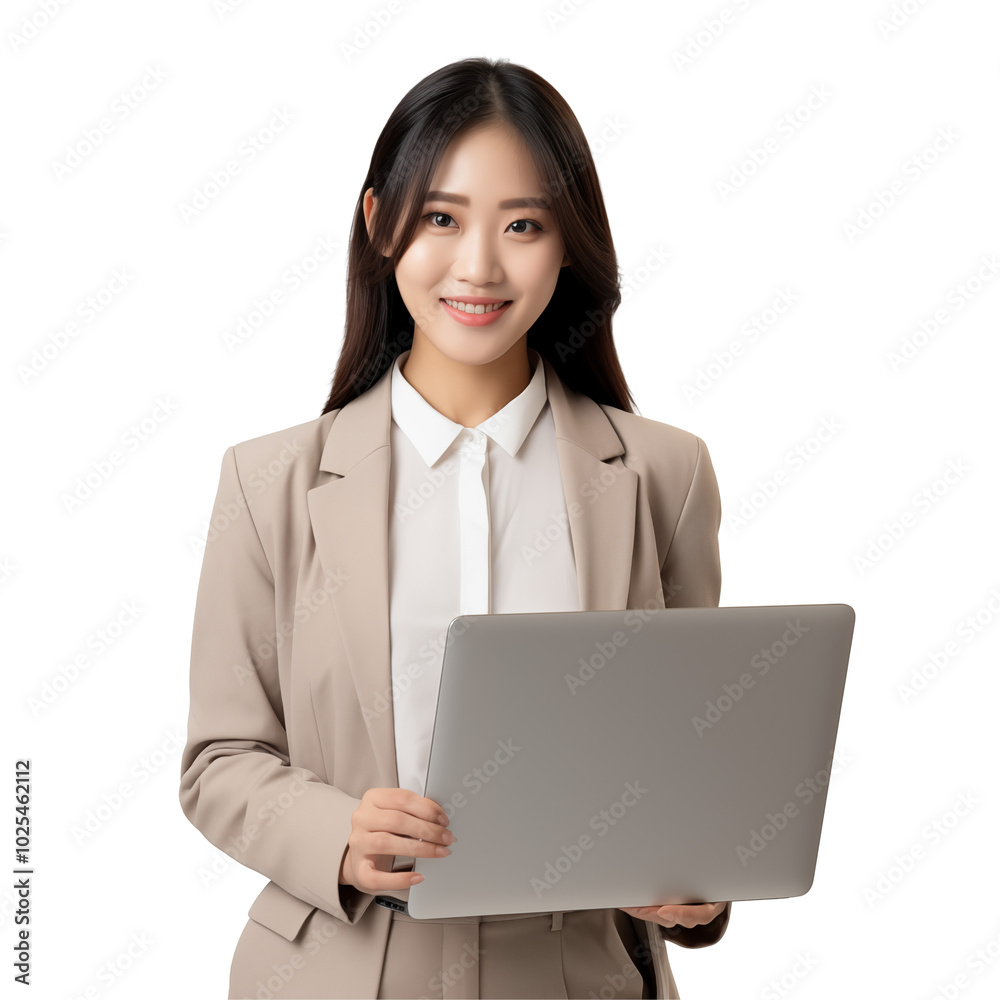 Professional Young Woman Holding A Laptop While Smiling In Business Attire Professional Young Woman Holding A Laptop While Smiling In Business Attire