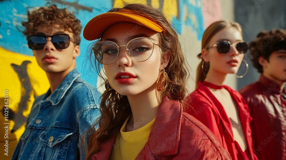 A group of young people standing against retro advertisement walls, modern fashion styles and confident poses, vibrant colors and vintage visuals, A group of young people standing against retro advertisement walls, modern fashion styles and confident poses, vibrant colors and vintage visuals,