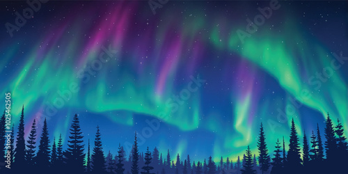 Contour of trees against the background of aurora borealis, winter holiday illustration	