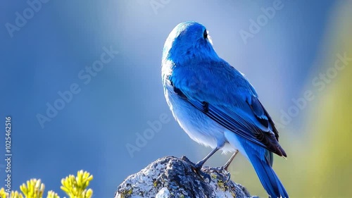 Mountain Bluebird Perched on a Rock with Softly Blurred Mountain Background