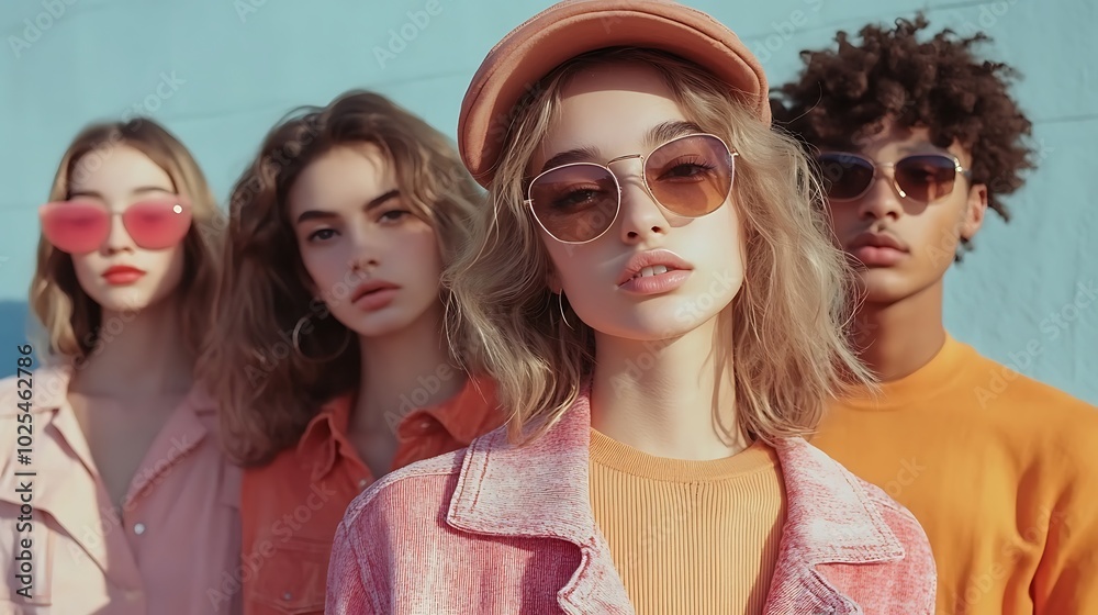 A group of young people standing in front of minimalist pastel-colored vintage backgrounds, modern fashion styles complementing the soft retro colors, A group of young people standing in front of minimalist pastel-colored vintage backgrounds, modern fashion styles complementing the soft retro colors,