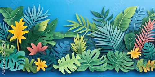 Tropical scenery featuring vibrant greenery on a blue backdrop, Tropical landscape with lush green vegetation against a blue background