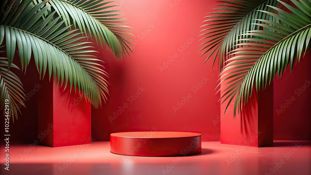 Minimal scene with red podium and palm leaves on wide-angle Minimal scene with red podium and palm leaves on wide-angle