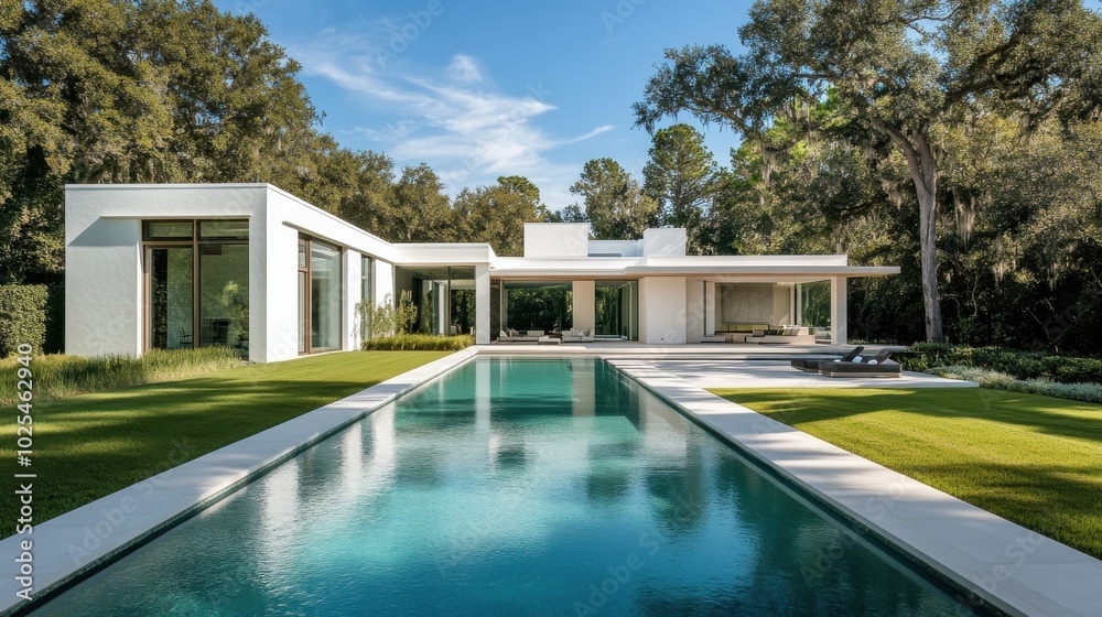 Fototapeta premium Luxurious white modern house overlooking a long pool surrounded by manicured lawns and mature trees in a serene setting