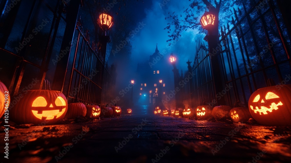 Naklejka premium Spooky Halloween Pathway with Jack-o'-Lanterns