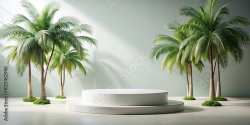 Minimal scene with round podium and palm trees