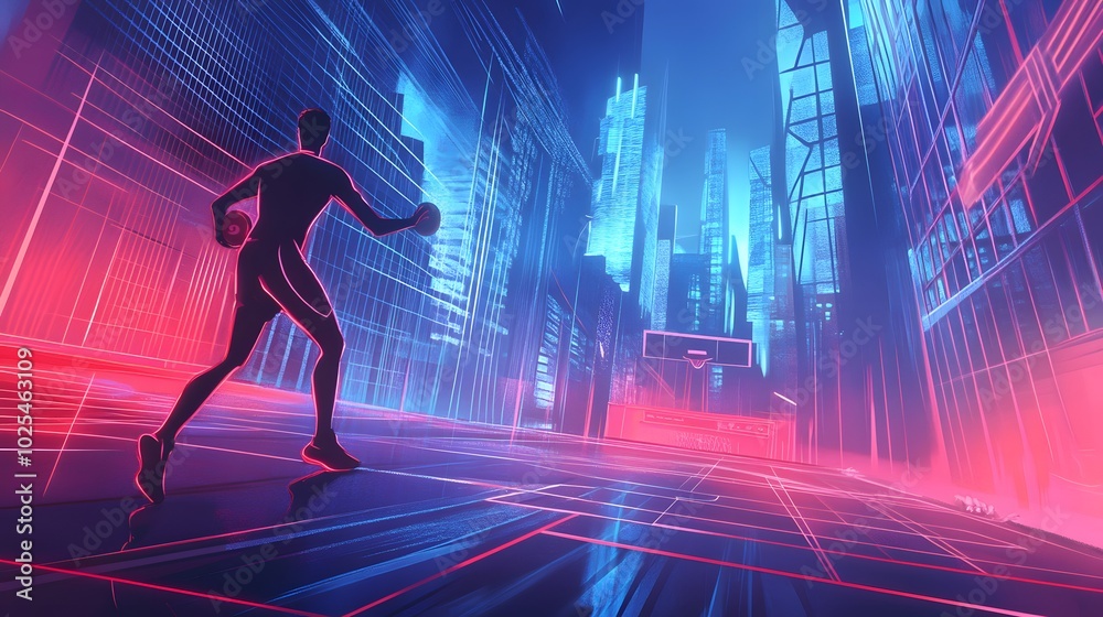 A Basketball Player Dribble in a Futuristic Cityscape A Basketball Player Dribble in a Futuristic Cityscape