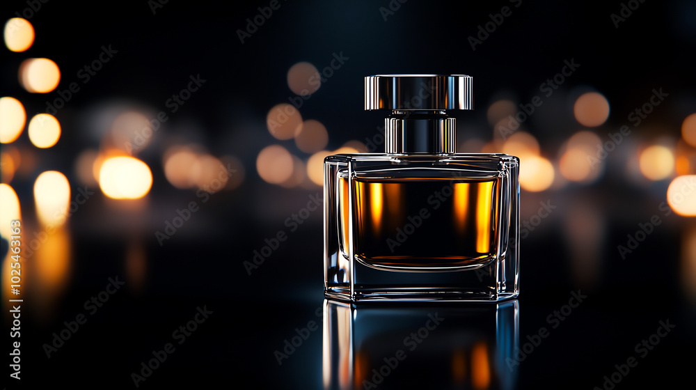 Elegant perfume bottle with bokeh lights in the background, creating a luxurious ambiance. Elegant perfume bottle with bokeh lights in the background, creating a luxurious ambiance.