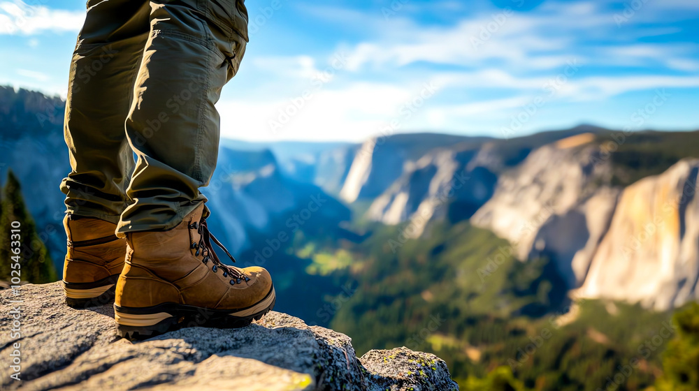 Hiker in boots stands on cliff edge overlooking stunning mountain landscape under blue sky. Hiker in boots stands on cliff edge overlooking stunning mountain landscape under blue sky.
