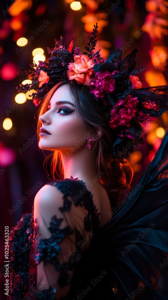 Enchanting Fairy with Floral Crown and Dark Background Enchanting Fairy with Floral Crown and Dark Background