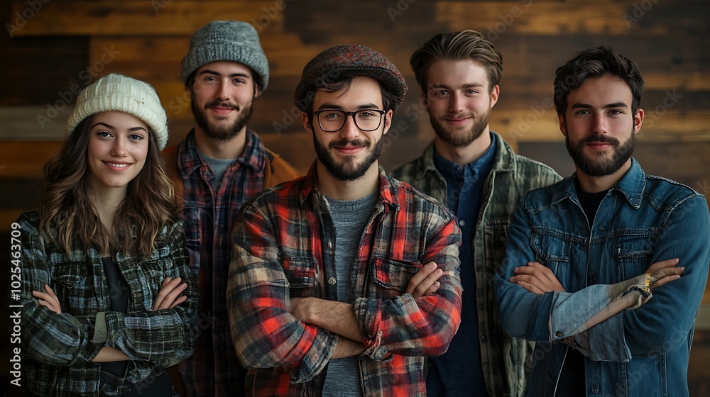 Group of young people posing against plaid-patterned vintage backgrounds, arms crossed, smiling confidently, warm lighting enhances the retro textures and bold patterns --ar 16:9 Group of young people posing against plaid-patterned vintage backgrounds, arms crossed, smiling confidently, warm lighting enhances the retro textures and bold patterns --ar 16:9