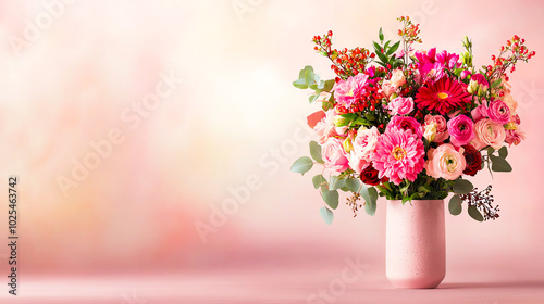 Vibrant bouquet of mixed flowers in a pink vase on a soft pink background.