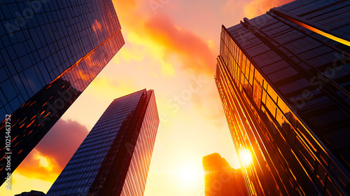 Tall modern skyscrapers silhouetted against a vibrant sunset sky, showcasing urban architecture. photo